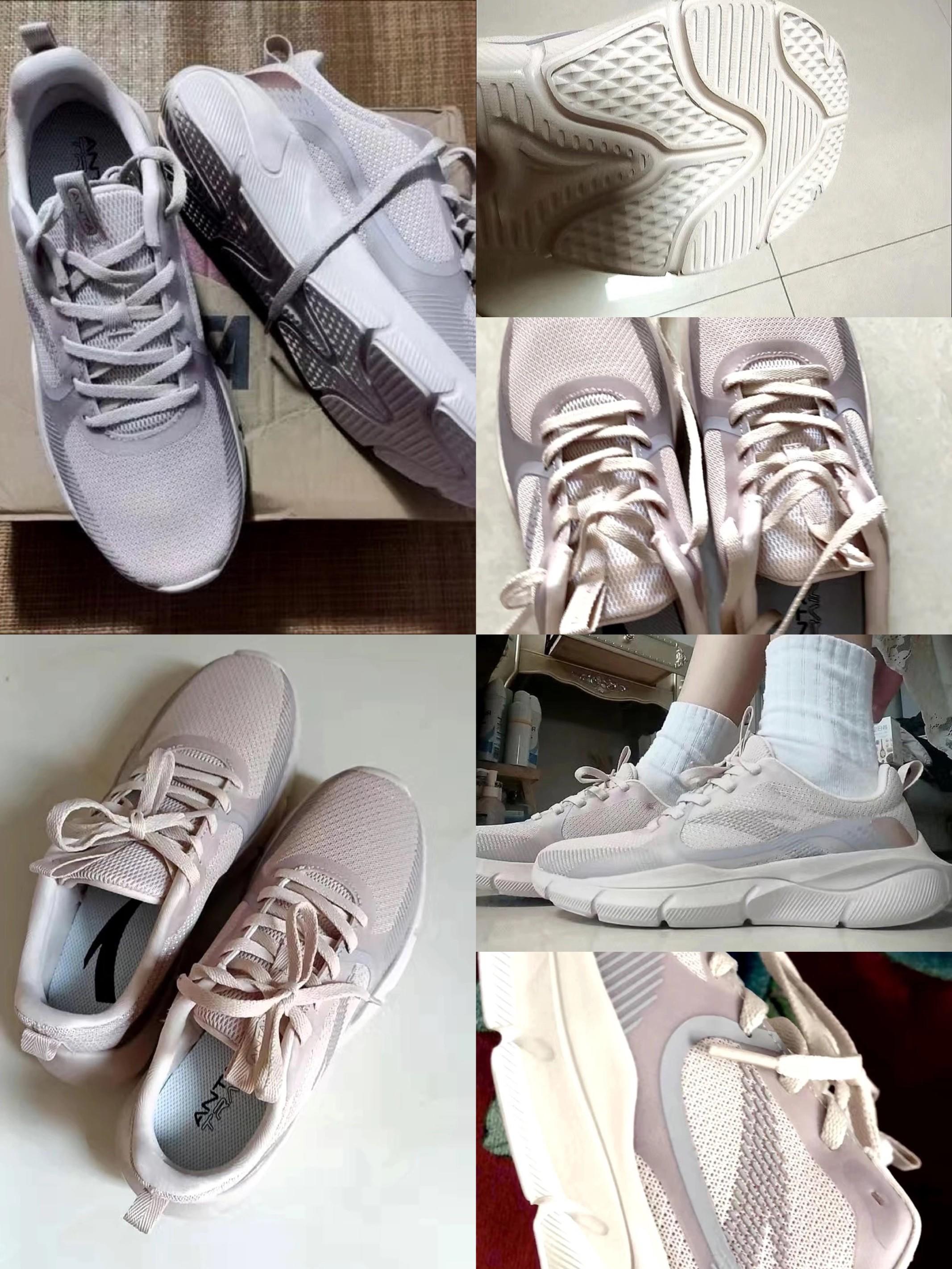 安踏 凌云 减震防滑 轻质防水 网面透气 软底回弹 跑鞋 女款/网面/象牙白/藕灰